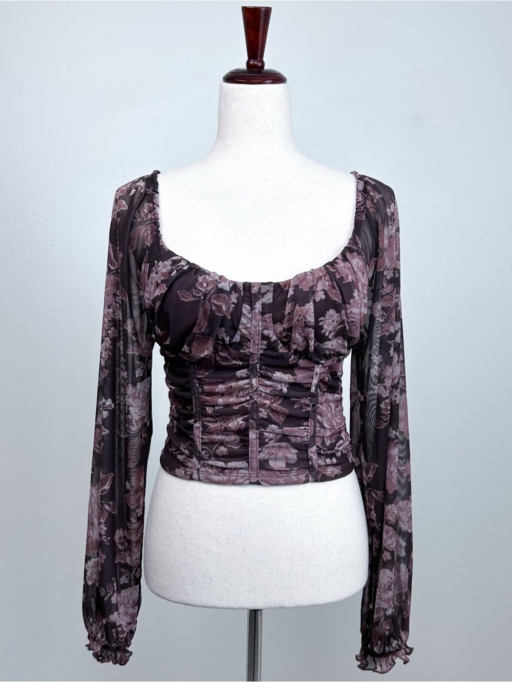 Dylan Ryan Brown Floral Mesh Padded Corset Romantic Long Sleeve Crop Top MEDIUM